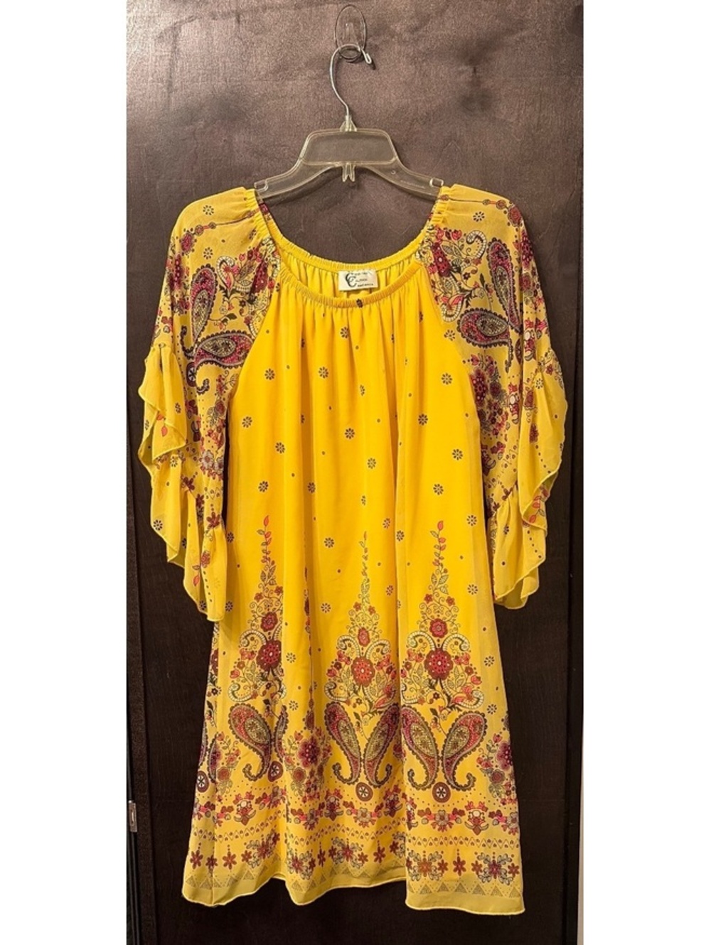 Christian Caliendo Yellow Bohemian Floral Midi Dress